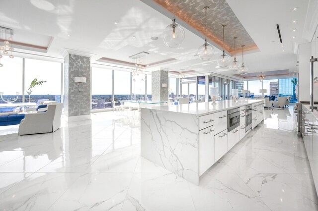 103 S Limestone St Unit 1150, Lexington, KY 40507 - kitchen with modern cabinets, a wall of windows, a raised ceiling, white cabinets, and open floor plan