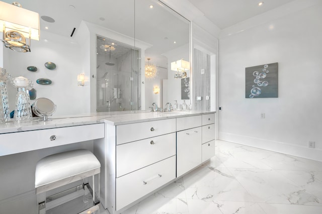 103 S Limestone St Unit 1150, Lexington, KY 40507 - bathroom featuring vanity, a marble finish shower, marble finish flooring, baseboards, and a chandelier