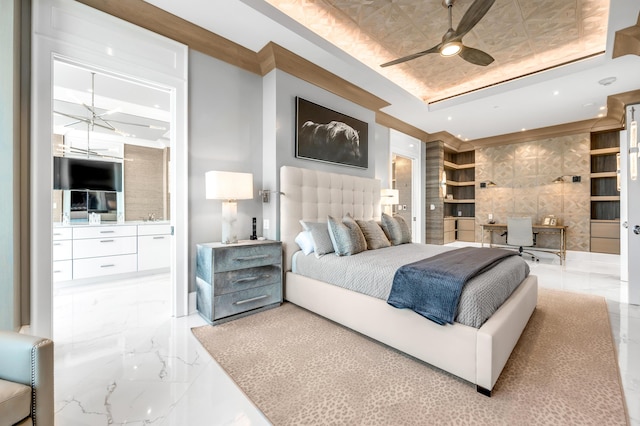 103 S Limestone St Unit 1150, Lexington, KY 40507 - bedroom with a desk, a tray ceiling, marble tiled floors, and connected bathroom
