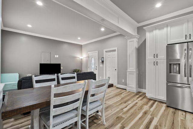 559 Breckenridge St, Lexington, KY 40508 - dining area featuring decorative columns, crown molding, light wood-style flooring, recessed lighting, and baseboards