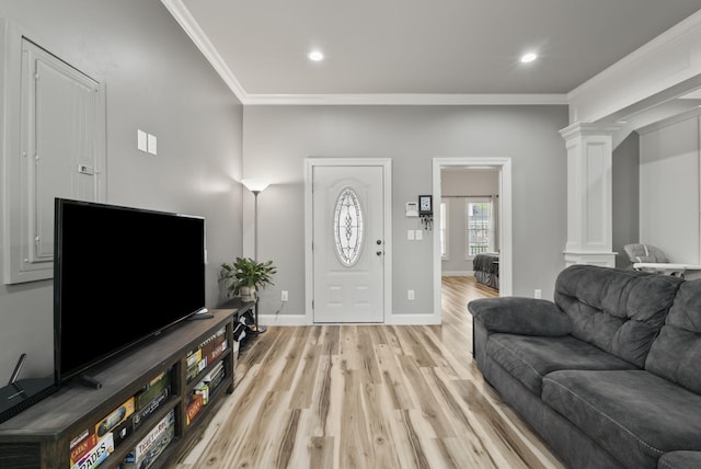 559 Breckenridge St, Lexington, KY 40508 - living room with crown molding, light wood-type flooring, decorative columns, recessed lighting, and baseboards