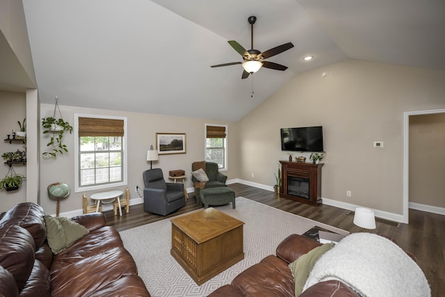 504 Martin Dr, Richmond, KY 40475 - living room with ceiling fan, plenty of natural light, vaulted ceiling, wood finished floors, and a glass covered fireplace