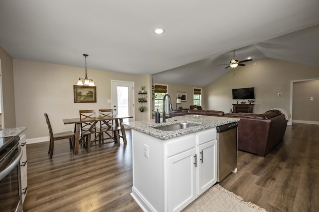 504 Martin Dr, Richmond, KY 40475 - kitchen with a sink, appliances with stainless steel finishes, ceiling fan, dark wood finished floors, and light stone countertops