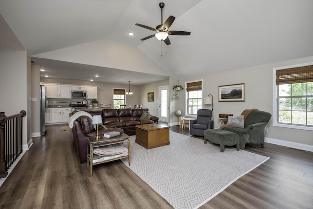 504 Martin Dr, Richmond, KY 40475 - living area featuring vaulted ceiling, dark wood finished floors, a ceiling fan, baseboards, and recessed lighting