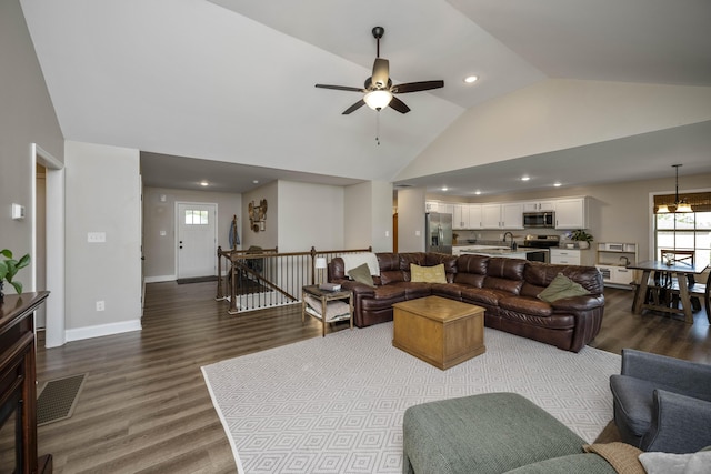 504 Martin Dr, Richmond, KY 40475 - living area with dark wood-type flooring, ceiling fan, recessed lighting, baseboards, and high vaulted ceiling