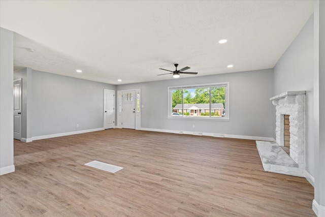 113 Buckwood Dr, Richmond, KY 40475 - unfurnished living room with a ceiling fan, a fireplace, baseboards, recessed lighting, and wood finished floors