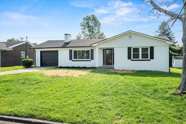 113 Buckwood Dr, Richmond, KY 40475 - ranch-style home featuring an attached garage, a chimney, concrete driveway, a front lawn, and brick siding