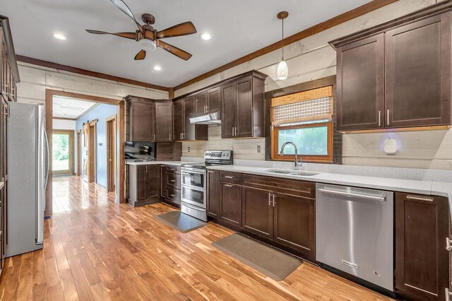 372 Sussex Ln, Nicholasville, KY 40356 - kitchen featuring appliances with stainless steel finishes, a sink, ceiling fan, under cabinet range hood, and dark brown cabinetry