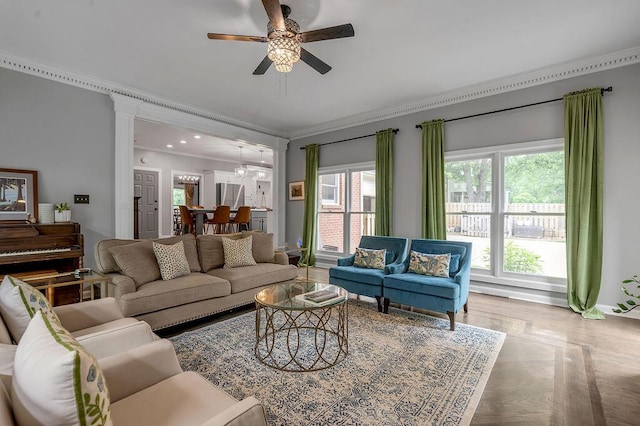 2245 Abbeywood Rd, Lexington, KY 40515 - living area featuring crown molding, ceiling fan, baseboards, and recessed lighting