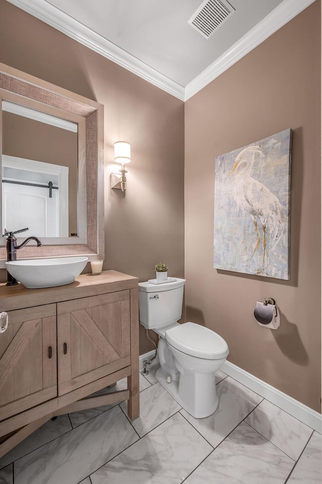 2245 Abbeywood Rd, Lexington, KY 40515 - bathroom featuring ornamental molding, marble look tiles, vanity, toilet, and baseboards