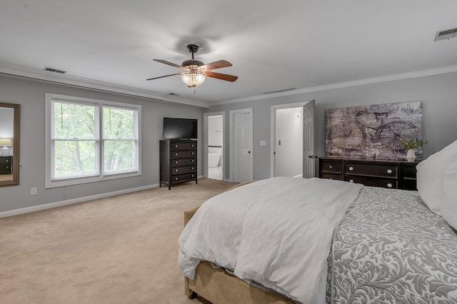 2245 Abbeywood Rd, Lexington, KY 40515 - carpeted bedroom featuring crown molding, baseboards, ceiling fan, and ensuite bathroom