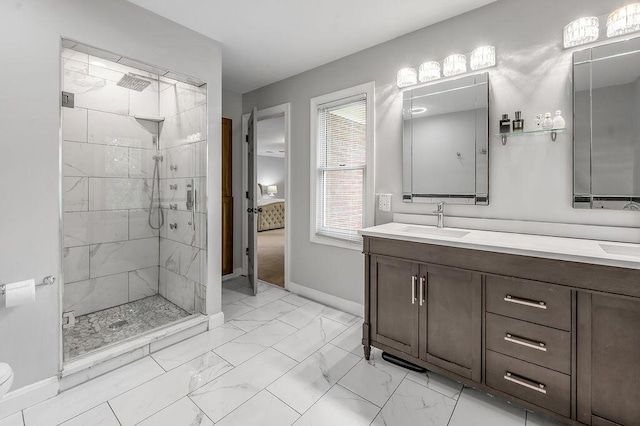 2245 Abbeywood Rd, Lexington, KY 40515 - full bathroom with marble look tile flooring, a stall shower, vanity, and baseboards