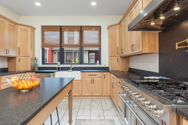 105 E 4th St, Augusta, KY 41002 - kitchen featuring extractor fan, stainless steel appliances, light brown cabinetry, and recessed lighting