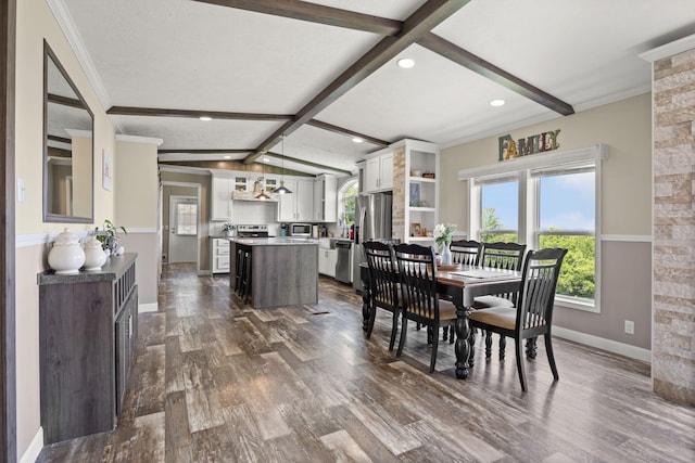 5483 US Highway 150 E, Stanford, KY 40484 - dining space featuring baseboards, dark wood finished floors, recessed lighting, and ornamental molding