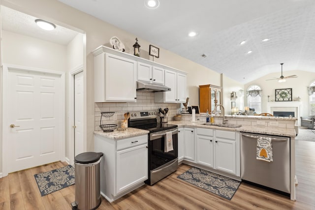 196 Academy Dr, Wilmore, KY 40390 - kitchen featuring appliances with stainless steel finishes, a sink, under cabinet range hood, ceiling fan, and a peninsula