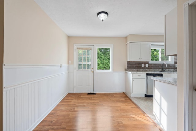 1780 Ballard Rd, Lawrenceburg, KY 40342 - kitchen with dishwasher, wainscoting, light wood-type flooring, white cabinetry, and plenty of natural light