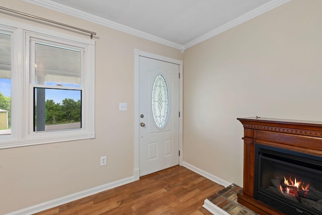 1780 Ballard Rd, Lawrenceburg, KY 40342 - foyer featuring wood finished floors, plenty of natural light, a lit fireplace, and ornamental molding