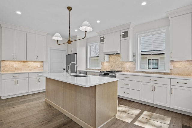 3521 Harper Woods Ln, Lexington, KY 40515 - kitchen with a sink, decorative backsplash, recessed lighting, custom exhaust hood, and light wood-style flooring