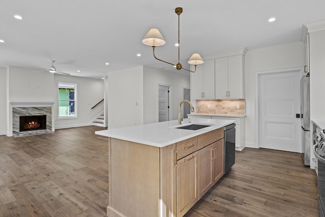 3521 Harper Woods Ln, Lexington, KY 40515 - kitchen featuring a sink, decorative backsplash, stainless steel appliances, wood finished floors, and a kitchen island with sink