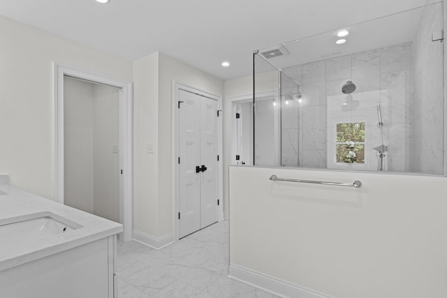 3521 Harper Woods Ln, Lexington, KY 40515 - bathroom with a marble finish shower, recessed lighting, marble finish flooring, baseboards, and double vanity