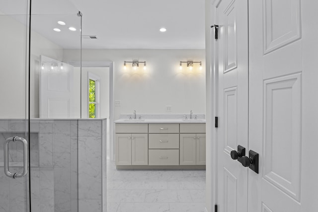 3521 Harper Woods Ln, Lexington, KY 40515 - bathroom featuring marble finish floors, double vanity, recessed lighting, and an enclosed shower