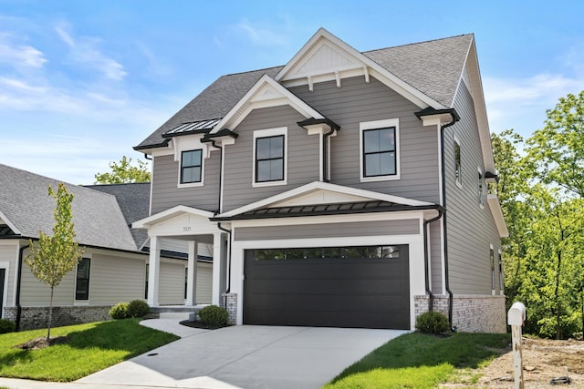 3521 Harper Woods Ln, Lexington, KY 40515 - view of front facade featuring a standing seam roof, driveway, a garage, roof with shingles, and brick siding