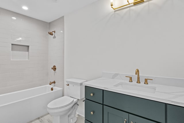 3521 Harper Woods Ln, Lexington, KY 40515 - full bath featuring marble finish floors, toilet, vanity, shower / bath combination, and recessed lighting