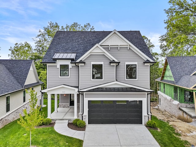 3521 Harper Woods Ln, Lexington, KY 40515 - view of front facade with covered porch, driveway, a garage, a front lawn, and roof with shingles