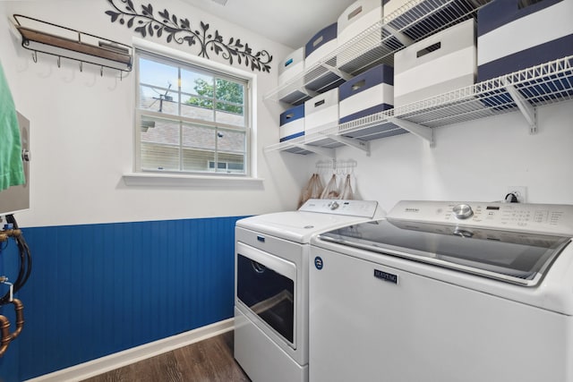1748 Chandler Ln, Lexington, KY 40504 - laundry area with washer and clothes dryer, dark wood-style flooring, a wainscoted wall, and an AC wall unit