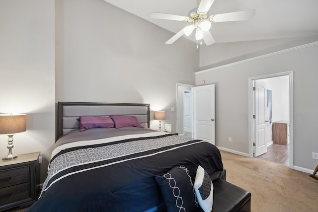 1748 Chandler Ln, Lexington, KY 40504 - bedroom featuring carpet floors, baseboards, high vaulted ceiling, ceiling fan, and ensuite bath