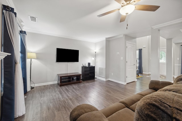 1748 Chandler Ln, Lexington, KY 40504 - living area with wood finished floors, baseboards, ceiling fan, and ornamental molding