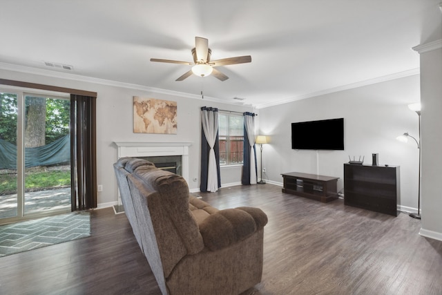 1748 Chandler Ln, Lexington, KY 40504 - living area featuring ceiling fan, healthy amount of natural light, a fireplace, dark wood-style floors, and crown molding