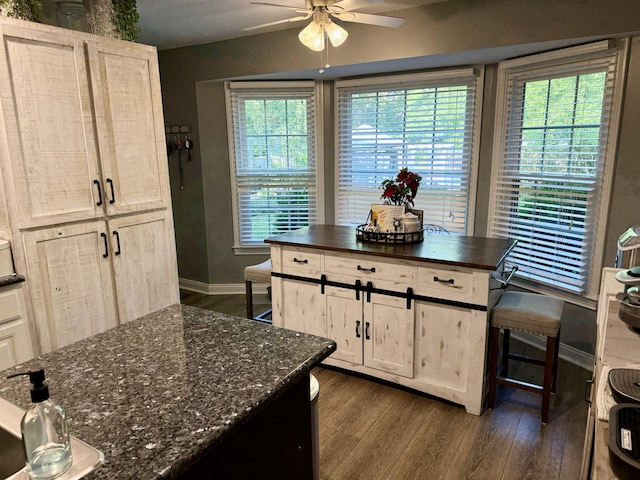 4516 Clubhouse Dr, Lexington, KY 40514 - kitchen with a ceiling fan, dark wood-type flooring, baseboards, wood counters, and white cabinetry