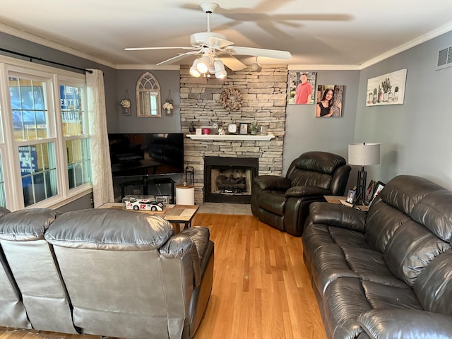 4516 Clubhouse Dr, Lexington, KY 40514 - living area with a ceiling fan, light wood-style floors, a fireplace, and crown molding