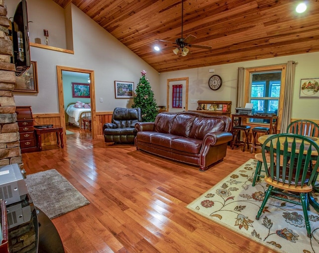 1150 Haynes Knob Rd, Somerset, KY 42501 - living area featuring wood ceiling, a wainscoted wall, ceiling fan, wood finished floors, and high vaulted ceiling