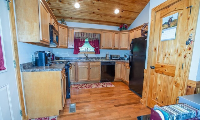 1150 Haynes Knob Rd, Somerset, KY 42501 - kitchen with black appliances, light wood-type flooring, lofted ceiling, wood ceiling, and a sink