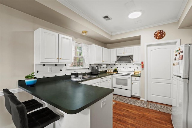 2713 Ella Rae Ct, Lexington, KY 40511 - kitchen featuring white appliances, under cabinet range hood, a peninsula, dark countertops, and a breakfast bar