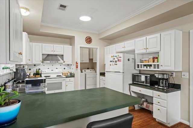 2713 Ella Rae Ct, Lexington, KY 40511 - kitchen featuring white appliances, wall chimney exhaust hood, a peninsula, dark countertops, and crown molding