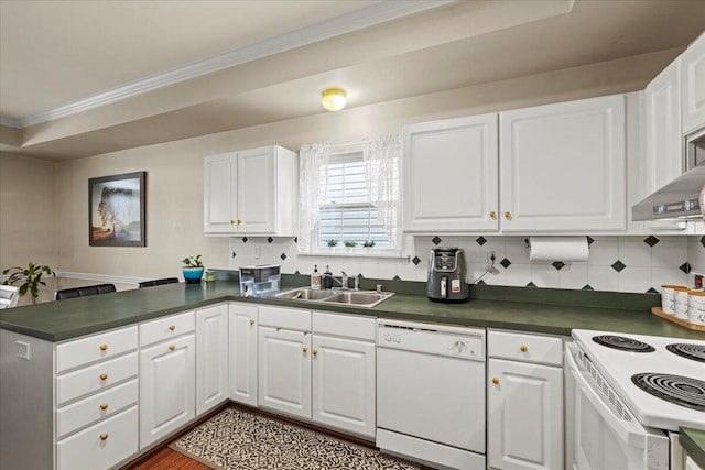 2713 Ella Rae Ct, Lexington, KY 40511 - kitchen with white appliances, a sink, a peninsula, white cabinetry, and dark countertops