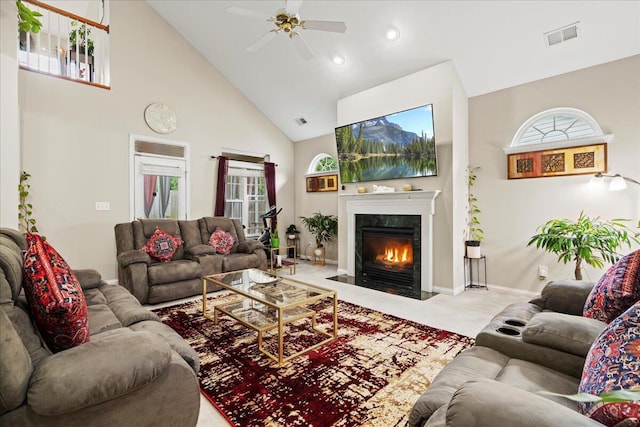 2713 Ella Rae Ct, Lexington, KY 40511 - carpeted living area featuring high vaulted ceiling, ceiling fan, a high end fireplace, and baseboards