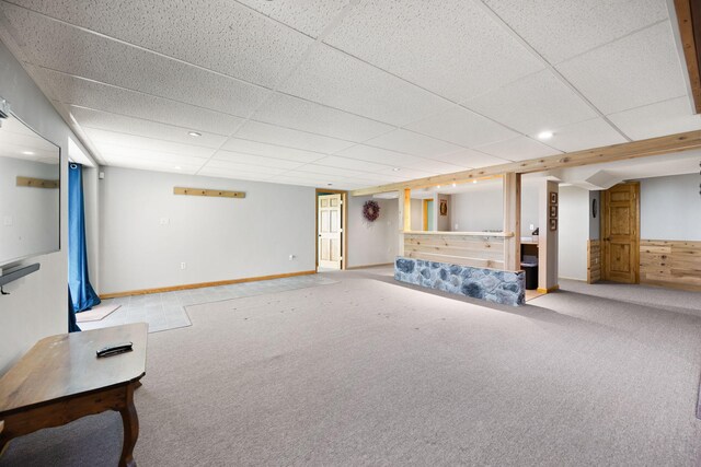 1636 Green Hill Estates Rd, Monticello, KY 42633 - unfurnished living room featuring carpet flooring, a drop ceiling, baseboards, and recessed lighting