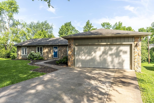 301 Atwood Dr, Lexington, KY 40515 - single story home featuring stone siding, concrete driveway, an attached garage, a front yard, and roof with shingles