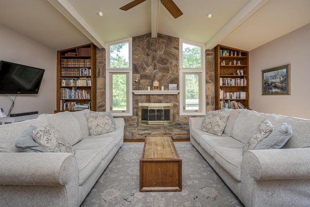 301 Atwood Dr, Lexington, KY 40515 - living room with ceiling fan, built in features, and a fireplace