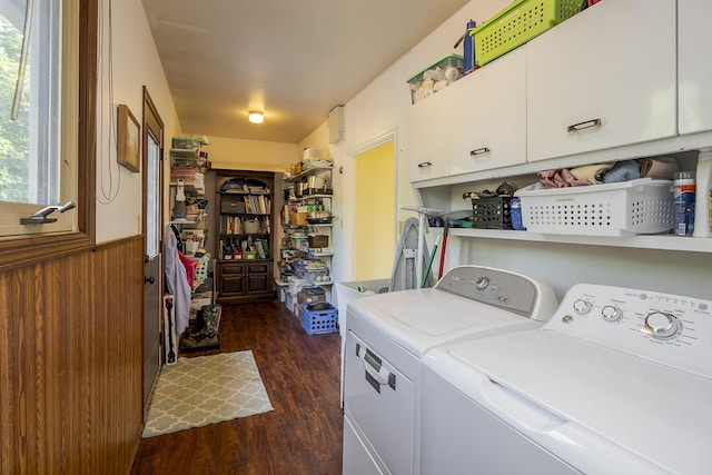 301 Atwood Dr, Lexington, KY 40515 - laundry room with washing machine and dryer, cabinet space, dark wood finished floors, and wainscoting