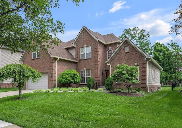 3765 Ridge View Way, Lexington, KY 40509 - traditional-style house with brick siding, a front lawn, concrete driveway, roof with shingles, and a garage