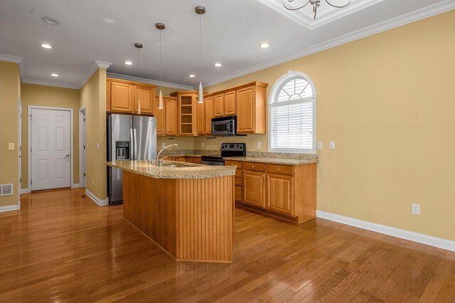 3765 Ridge View Way, Lexington, KY 40509 - kitchen with black range with electric cooktop, stainless steel refrigerator with ice dispenser, a sink, ornamental molding, and recessed lighting