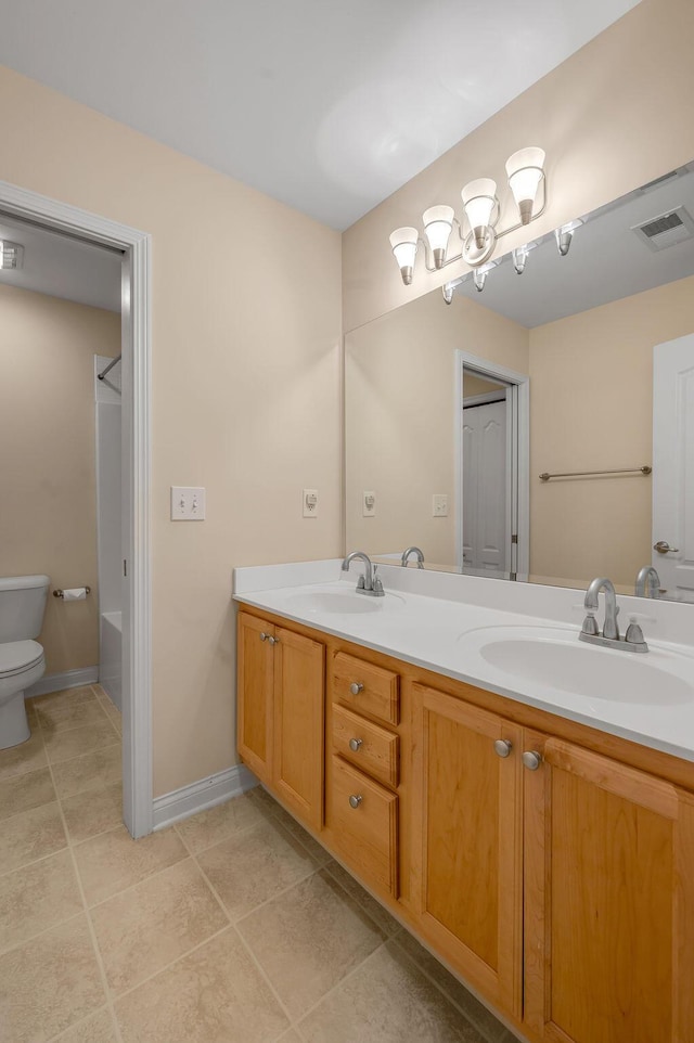3765 Ridge View Way, Lexington, KY 40509 - bathroom with double vanity, toilet, tile patterned flooring, shower / washtub combination, and baseboards