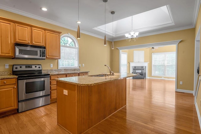3765 Ridge View Way, Lexington, KY 40509 - kitchen featuring stainless steel appliances, a sink, light wood-type flooring, a chandelier, and light stone counters