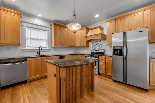 109 N Ashland Ave, Lexington, KY 40502 - kitchen with appliances with stainless steel finishes, custom exhaust hood, a sink, dark countertops, and ornamental molding