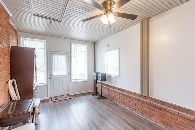 645 Raven Dr, Frankfort, KY 40601 - entryway featuring brick wall, wood finished floors, and ceiling fan